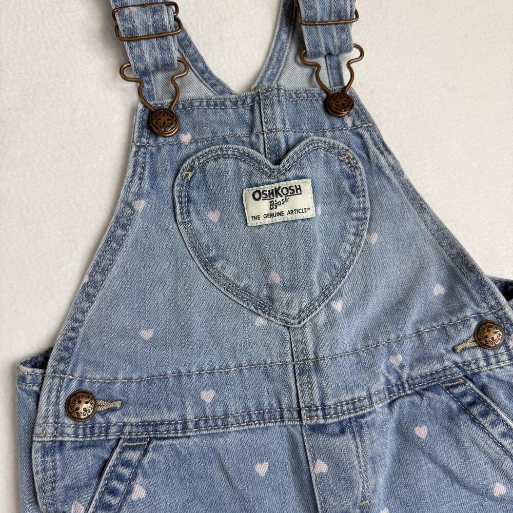 OshKosh Bgosh Overalls Baby Girls 18M Blue Denim Heart Print Bib Pockets Vestbak